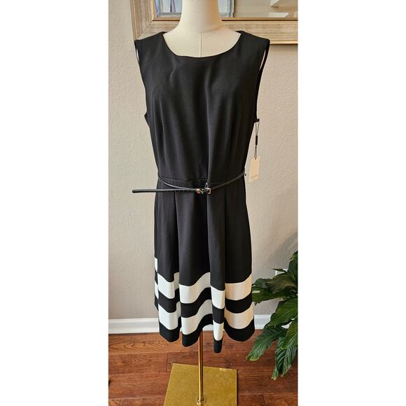 NWT Calvin Klein Belted Color Block Fit & Flare Dress Women Size 14 Black‎ White - Picture 8 of 8